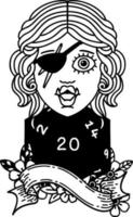 personnage voyou orc de style dessin au trait tatouage noir et blanc avec un rouleau de vingt dés naturel vecteur