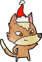 sympathique dessin animé texturé d'un loup portant un bonnet de noel vecteur