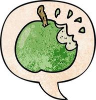 dessin animé pomme fraîche mordue et bulle de dialogue dans un style de texture rétro vecteur