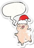 dessin animé joyeux noël cochon et bulle de dialogue autocollant en détresse vecteur