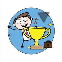 atout d'un personnage de dessin animé de jeune homme d'affaires célébrant le succès tenant un trophée vecteur