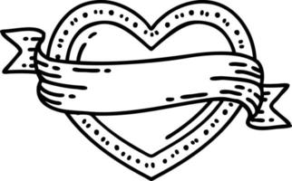 tatouage dans le style de ligne noire d'un coeur et d'une bannière vecteur