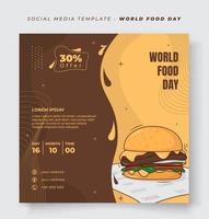 modèle de médias sociaux sur fond jaune et marron avec burger de dessin animé pour la conception de la journée mondiale de la poste vecteur
