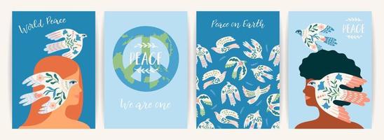 paix sur la terre. femme et colombe de la paix. ensemble de vecteurs. illustration pour carte, affiche, flyer et autre vecteur