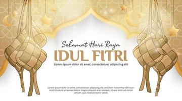 selamat hari raya idul fitri ou joyeux eid al-fitr fond avec ketupat et ornements vecteur