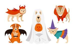 chiens mignons de différentes races dans des costumes d'halloween. drôles d'animaux de compagnie habillés pour le carnaval. illustration vectorielle de vacances célébration cartoon style vecteur