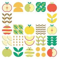 oeuvre abstraite de cadre de pomme. illustration de conception d'un motif de pomme coloré, de feuilles et de symboles géométriques dans un style minimaliste. fruit entier, coupé et fendu. vecteur plat simple sur fond blanc.