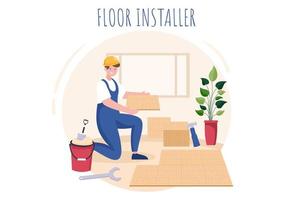 illustration de dessin animé d'installation de sol avec réparateur, pose de parquet professionnel, de parquet ou de carrelage dans la conception de rénovation de sol de maison vecteur