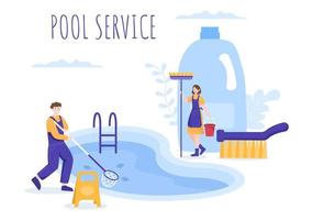 travailleur de service de piscine avec balai, aspirateur ou filet pour l'entretien et le nettoyage de la saleté en illustration de dessin animé plat vecteur