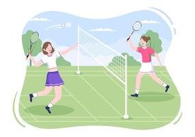 joueur de badminton avec navette sur le terrain en illustration de dessin animé de style plat. heureux de jouer au jeu de sport et à la conception de loisirs vecteur