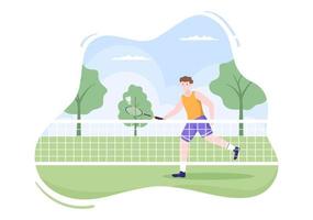 joueur de badminton avec navette sur le terrain en illustration de dessin animé de style plat. heureux de jouer au jeu de sport et à la conception de loisirs vecteur