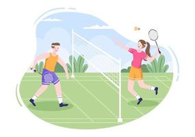 joueur de badminton avec navette sur le terrain en illustration de dessin animé de style plat. heureux de jouer au jeu de sport et à la conception de loisirs vecteur