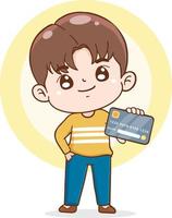 adolescent de dessin animé de personnage tenant une carte de crédit, shopping avec carte de crédit, concept financier et monétaire, illustration plate vecteur