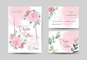 carte d'invitation de mariage élégante rose poussiéreuse aquarelle et modèles rsvp vecteur