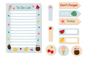 collection d'autocollants et liste de choses à faire avec de jolis objets d'été. crème glacée colorée, fruits et baies. éléments pour agenda, listes de contrôle, planificateur, organisateur et autres articles de papeterie vecteur