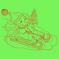un joyeux bonhomme de neige partant en vacances, sur un traîneau avec un sapin de noël.dessiné à la main dans un style vintage, sur fond vert. vecteur