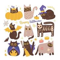 ensemble de chats noirs d'halloween dessinés à la main portant différents costumes de vacances. adorables animaux de compagnie. collection de sorcières, momies, vampires, mascottes fantômes. joyeux texte d'halloween. illustration plate de vecteur. vecteur