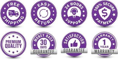 remboursement, garantie, assistance 24 heures sur 24, etc. différents types de badges violets de sécurité de commerce électronique en ligne isolés sur fond blanc.