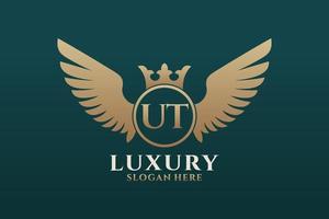 lettre d'aile royale de luxe ut crête logo couleur or vecteur, logo de victoire, logo de crête, logo d'aile, modèle de logo vectoriel. vecteur