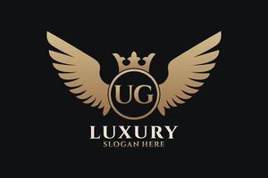 lettre d'aile royale de luxe ug crête logo couleur or vecteur, logo de victoire, logo de crête, logo d'aile, modèle de logo vectoriel. vecteur