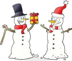 bonhommes de neige cartoon dessiné à main levée échangeant des cadeaux vecteur