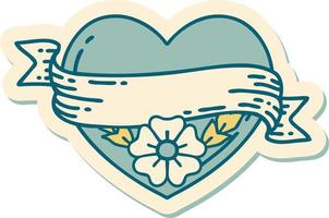 autocollant de tatouage dans le style traditionnel d'un coeur et d'une bannière avec des fleurs vecteur