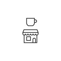 concept de magasin et de boutique. signe de contour adapté aux sites Web, magasins, magasins, Internet, publicité. trait modifiable dessiné avec une ligne fine. icône représentant une tasse de thé ou de café au-dessus de la boutique vecteur