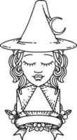 sorcière humaine de style dessin au trait tatouage noir et blanc avec un rouleau de vingt dés naturel vecteur