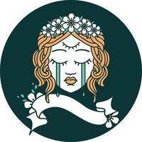 icône de style tatouage avec bannière de visage féminin avec troisième oeil et couronne de fleurs cyring vecteur