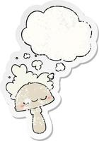 champignon de dessin animé avec un nuage de spores et une bulle de pensée comme un autocollant usé en détresse vecteur