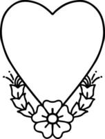 tatouage dans le style de ligne noire d'un coeur et d'une fleur vecteur