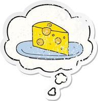 fromage de dessin animé et bulle de pensée comme un autocollant usé en détresse vecteur
