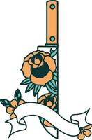 tatouage traditionnel avec bannière d'un poignard et de fleurs vecteur