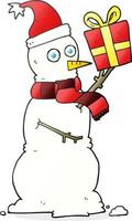 bonhomme de neige cartoon dessiné à main levée tenant présent vecteur