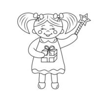 jolie petite fille kawaii avec boîte-cadeau et baguette magique dans un style doodle. illustration vectorielle de dessin au trait dessiné à la main pour livre de coloriage. vecteur