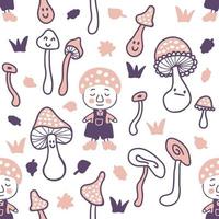 doodle modèle sans couture avec des gnomes et des champignons. vecteur