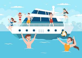 modèle de yachts illustration plate de dessin animé dessiné à la main avec des gens dansant, prenant un bain de soleil, buvant des cocktails et se relaxant sur un yacht de croisière à l'océan vecteur