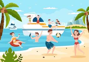 modèle de yachts illustration plate de dessin animé dessiné à la main avec des gens dansant, prenant un bain de soleil, buvant des cocktails et se relaxant sur un yacht de croisière à l'océan vecteur