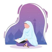 fille musulmane lisant le coran et la mosquée vecteur