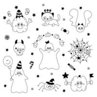 ensemble d'éléments de conception d'halloween doodle enfantin mignon citrouille fantôme chat chauve-souris crâne de toile d'araignée vecteur