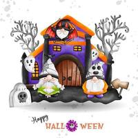 gnome d'halloween, illustration à l'aquarelle, gnome sur le concept de vêtements d'halloween. dracula, maison hantée