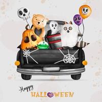 animaux en costumes d'halloween sur une voiture fantôme. fête d'halloween. vecteur