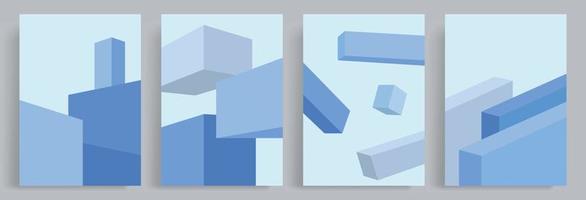 4 ensembles de fond de forme 3d abstrait minimaliste. blocs bleus disposés irrégulièrement. convient aux affiches, couvertures de livres, brochures, magazines, dépliants, livrets. vecteur