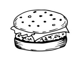 dessin vectoriel simple à main levée dans un contour noir. hamburger, cheeseburger isolé sur fond blanc. pour la conception d'étiquettes, café de restauration rapide, menu.