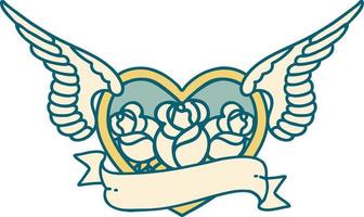 image emblématique de style tatouage d'un coeur volant avec des fleurs et une bannière vecteur