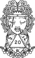 tatouage noir et blanc style dessin au trait demi orc barbare avec rouleau de vingt dés naturel vecteur