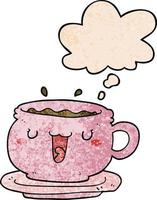 mignon dessin animé tasse et soucoupe et bulle de pensée dans le style de motif de texture grunge vecteur