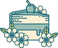 image emblématique de style tatouage d'une tranche de gâteau et de fleurs vecteur