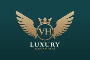 lettre d'aile royale de luxe vh crête logo couleur or vecteur, logo de victoire, logo de crête, logo d'aile, modèle de logo vectoriel. vecteur