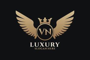 lettre d'aile royale de luxe vn crête vecteur de logo couleur or, logo de victoire, logo de crête, logo d'aile, modèle de logo vectoriel.